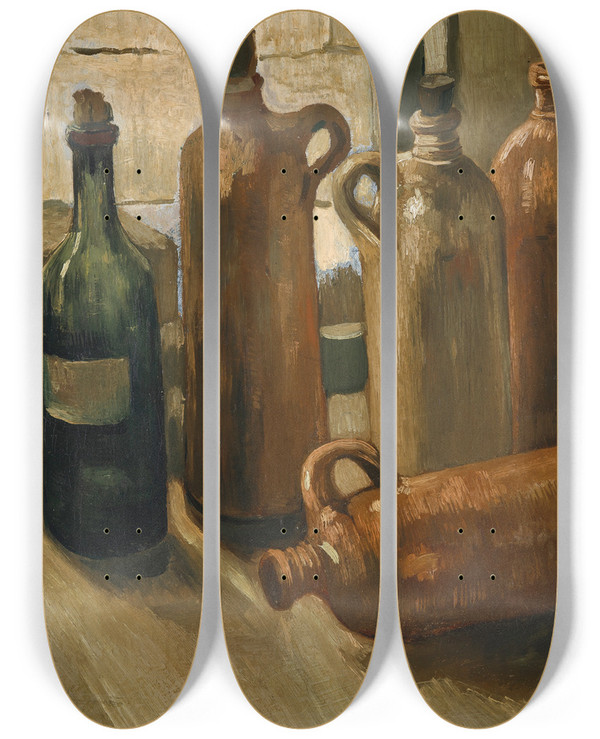 Triptych art skateboard deck of Vincent Van Gogh Stillleben Mit Fnf Flaschen by Vincent van Gogh (1853-1890)