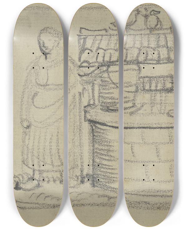 Triptych art skateboard deck of Fritz Boehle Servant And Maid At The Well by Fritz Boehle (1873-1916)