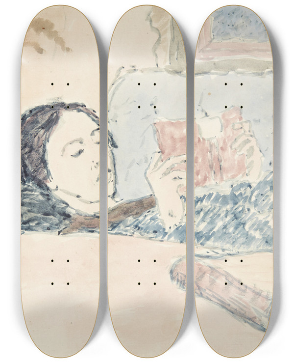 Triptych art skateboard deck of Harald Giersing Interir Med En Af Kunstnerens Sstre Der Ligger Og Lser by Harald Giersing (1881-1927)