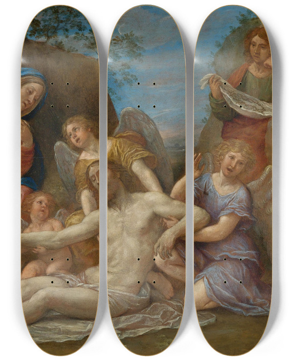 Triptych art skateboard deck of Francesco Albani Lamentation With The Virgin St John And Angels by Francesco Albani (1578-1660)