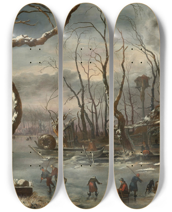 Triptych art skateboard deck of Jan Van Kessel The Elder A Winter Landscape by Jan Van Kessel The Elder (1626-1679)