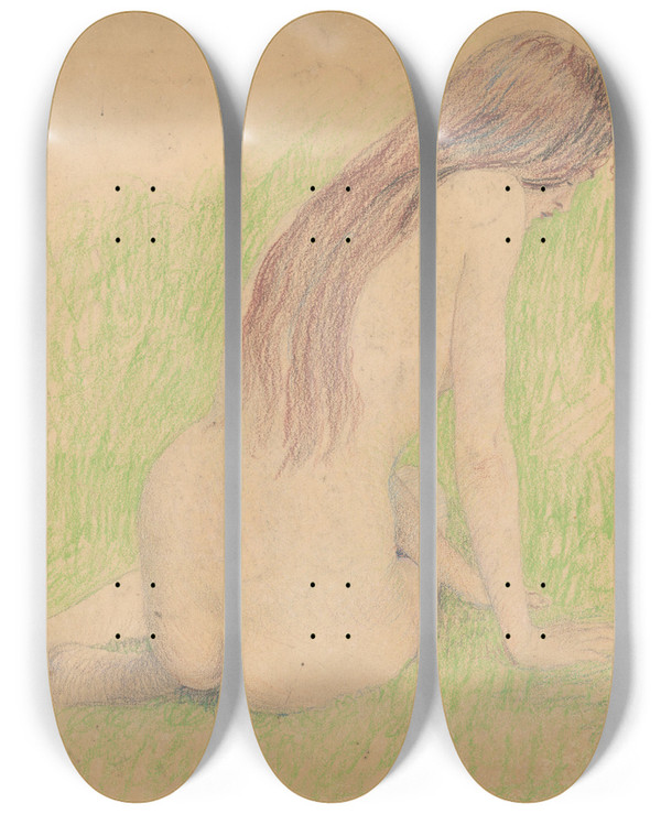 Triptych art skateboard deck of Ivan Abota Nude In A Meadow by Ivan Zabota