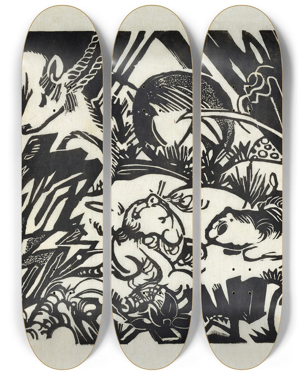 Triptych art skateboard deck of Franz Marc Animal Legend by Franz Marc (1880-1916)