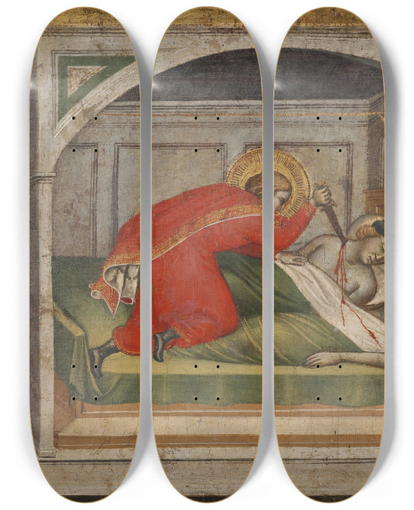 Triptych art skateboard deck of Spinello Aretino St Julianus Murdering His Parents by Spinello Aretino (1350-1410)
