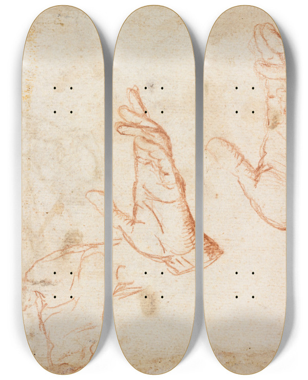Triptych art skateboard deck of Camillo Procaccini Study Of Hands Verso by Camillo Procaccini (1546-1629)