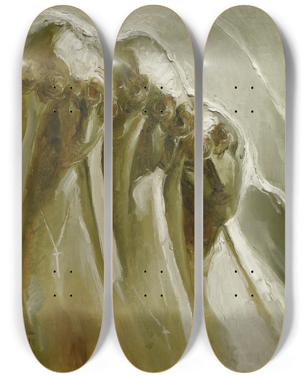 Triptych art skateboard deck of Fidelio Ponce De Len Novicias by Fidelio Ponce de Len