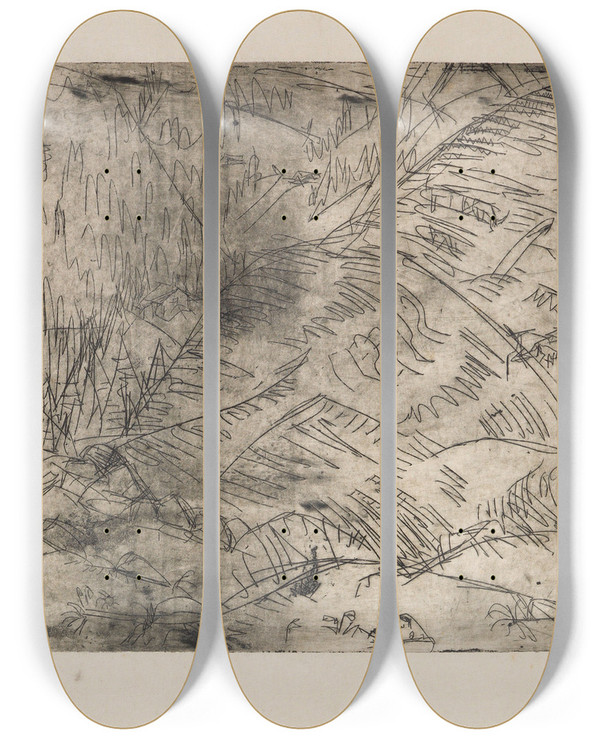 Triptych art skateboard deck of Ernst Ludwig Kirchner Berghang Mit Ziegen by Ernst Ludwig Kirchner (1880-1938)