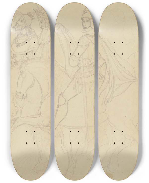 Triptych art skateboard deck of Ludwig Richter Drei Reiter Zu Pferd Gefolgt Von Zwei Mnnern by Ludwig Richter