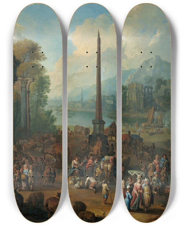 Triptych art skateboard deck of Peter Tillemans A Harbour Scene With Numerous Figures Attending Market by Peter Tillemans (1684-1734)