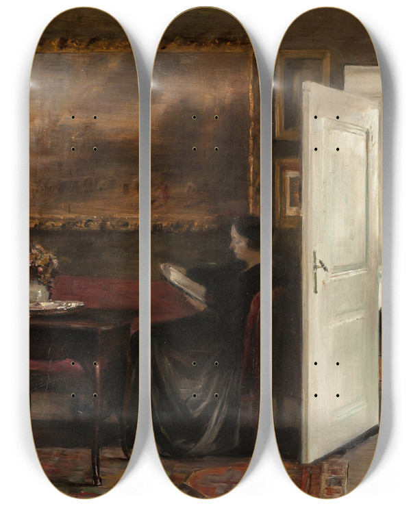 Triptych art skateboard deck of Carl Holse Reading On A Quiet Afternoon by Carl Holsoe (1863-1935)