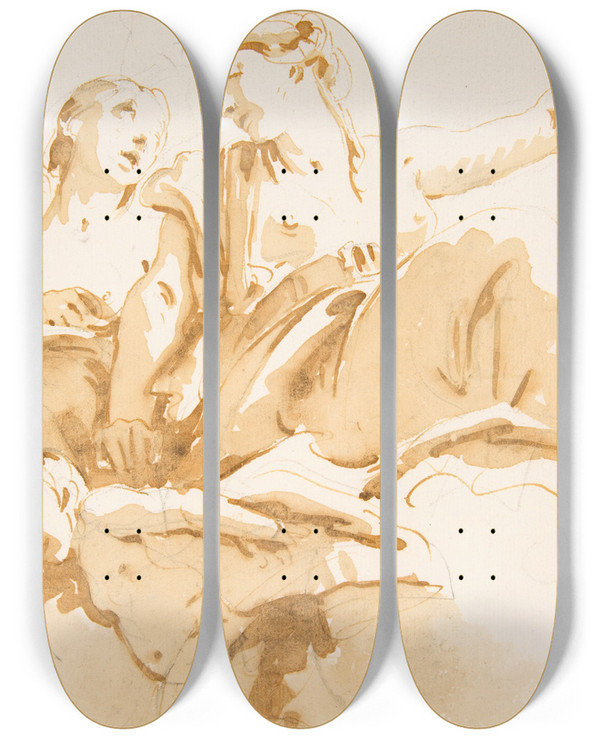 Triptych art skateboard deck of Giovanni Battista Tiepolo Two Women One Holding An Anchor And A Putto On Clouds by Giovanni Battista Tiepolo (1696-1770)