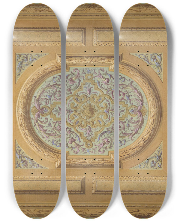 Triptych art skateboard deck of Julesedmondcharles Lachaise Design For A Ceiling Decorated With Bands Of Oak Leaves And A Central Panel Of Scrolls And Rinceaux by Jules-Edmond-Charles Lachaise (1897)