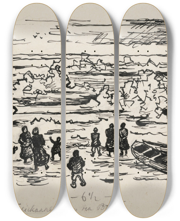 Triptych art skateboard deck of Ivan Ivanec Ludzie Na Brzegu Rzeki Obserwujcy Zatory Lodowe by Ivan Ivanec (1893-1946)
