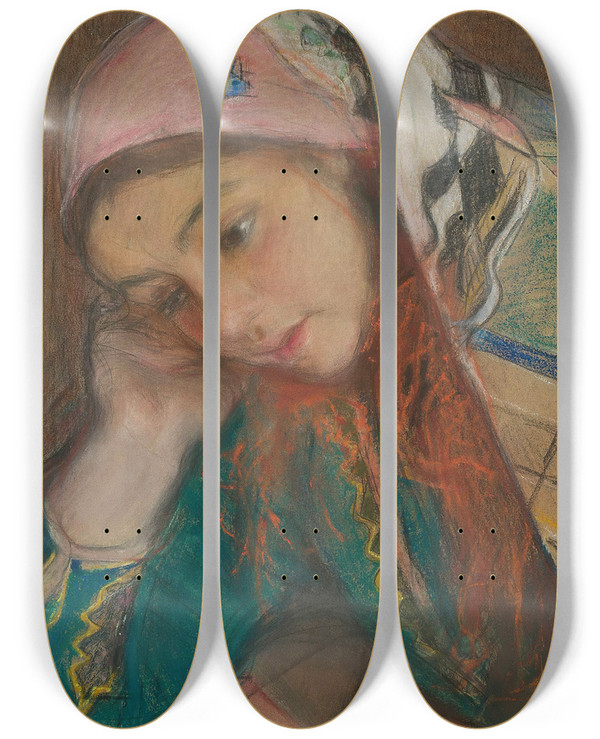 Triptych art skateboard deck of Teodor Axentowicz Portrait Of A Girl In Krakow Costume by Teodor Axentowicz (1859-1938)