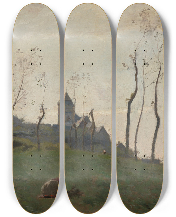 Triptych art skateboard deck of Jeanbaptistecamille Corot Le Trport Un Pr Et Lglise by Jean-Baptiste-Camille Corot (1796-1875)