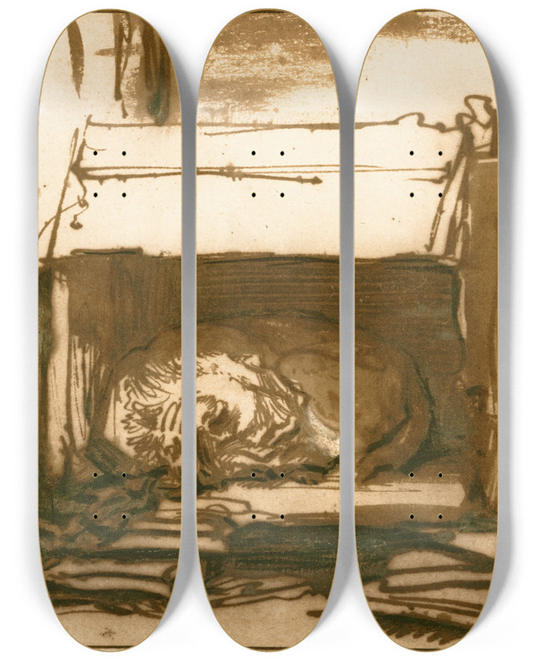 Triptych art skateboard deck of Rembrandt Van Rijn Sleeping Watchdog by Rembrandt Van Rijn (1606-1669)