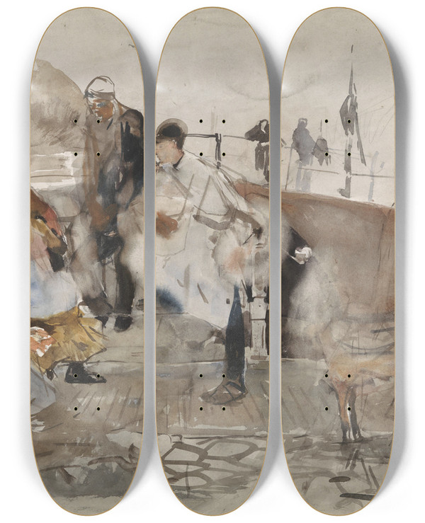 Triptych art skateboard deck of George Hendrik Breitner Gezelschap Op Een Boot_2 by George Hendrik Breitner (1857-1923)