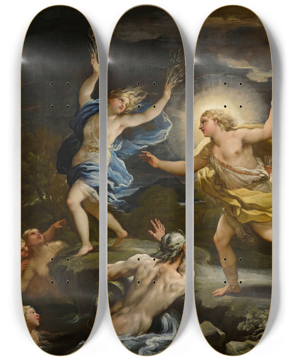 Triptych art skateboard deck of Luca Giordano Apollo And Daphne by Luca Giordano (1634-1705)