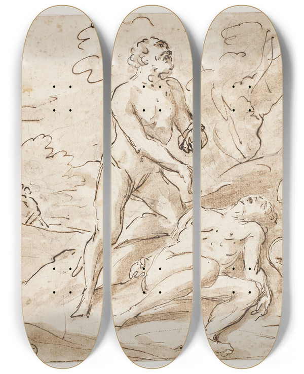 Triptych art skateboard deck of Gerolamo Brusaferro Adam Og Eva Srgende Over Abels Krop by Gerolamo Brusaferro