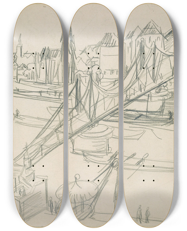 Triptych art skateboard deck of Ernst Ludwig Kirchner The Iron Bridge Socalled Eiserner Steg At Frankfurt Main View Towards Sachsenhausen by Ernst Ludwig Kirchner (1880-1938)