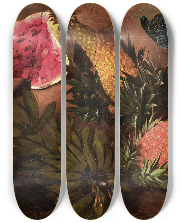 Triptych art skateboard deck of Brazilian School Still Life With Bananas Passion Fruit Pineapple Brazilian Pineapple Jenipapo Fruit And A Pointtailed Palmcreeper by Brazilian School