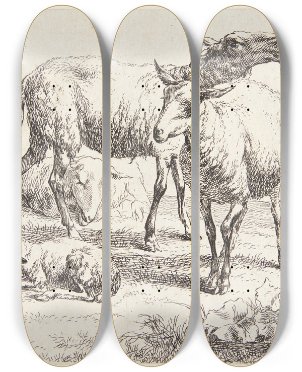 Triptych art skateboard deck of Nicolaes Pietersz Berchem To Stende Fr Og Et Lam by Nicolaes Pietersz Berchem (1620-1683)