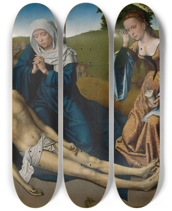 Triptych art skateboard deck of Gerard David Lamentation Over The Body Of Christ by Gerard David (1460-1523)