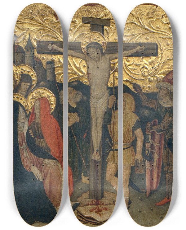 Triptych art skateboard deck of Jaume Ferrer Calvary by Jaume Ferrer (1430-1461)
