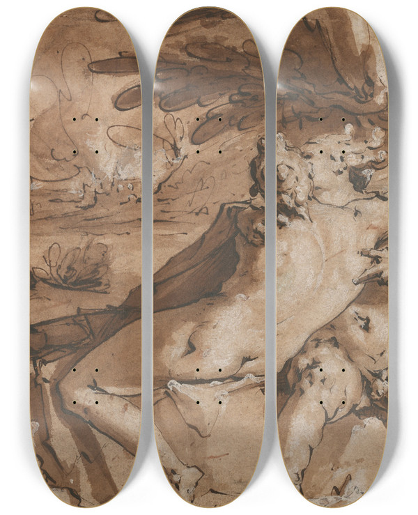 Triptych art skateboard deck of Jan Harmensz Muller Embracing Couple Mercury And Lara by Jan Harmensz Muller (1571-1628)