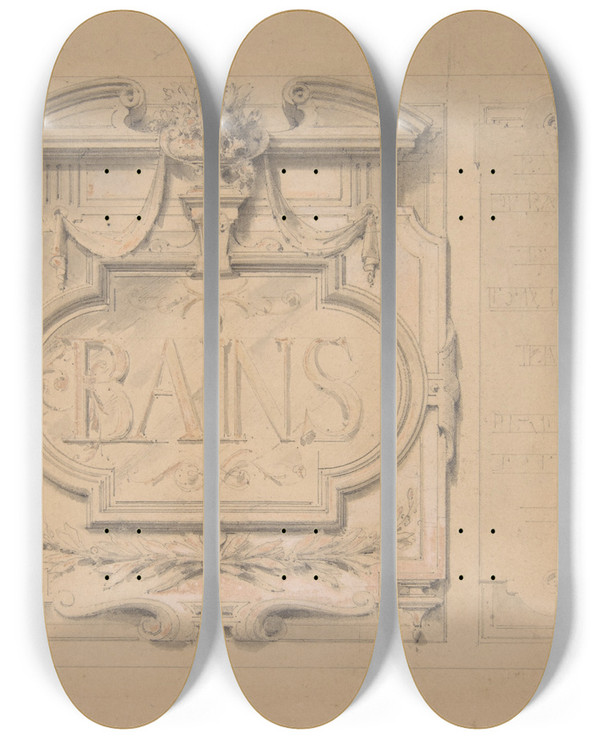 Triptych art skateboard deck of Julesedmondcharles Lachaise Design For An Ornamental Plaque For A Bath House by Jules-Edmond-Charles Lachaise (1897)