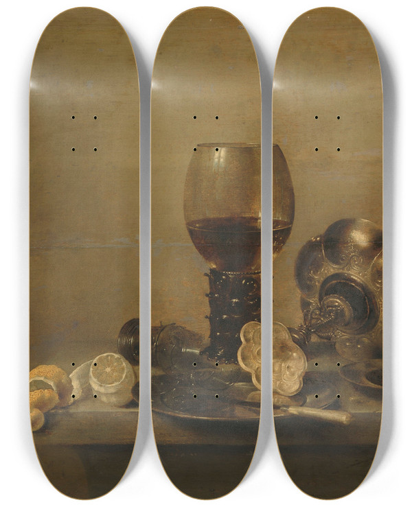 Triptych art skateboard deck of Willem Claesz Heda Still Life With A Broken Glass by Willem Claesz Heda (1594-1680)