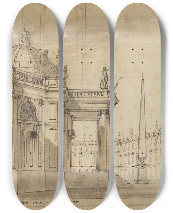 Triptych art skateboard deck of Giuseppino Galliari Stage Design A Piazza With A Domed Church And An Obelisk by Giuseppino Galliari (1752-1817)