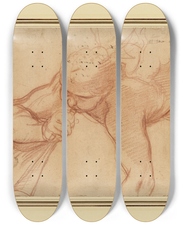 Triptych art skateboard deck of Mattia Preti An Angel Blowing A Trumpet by Mattia Preti (1613-1699)