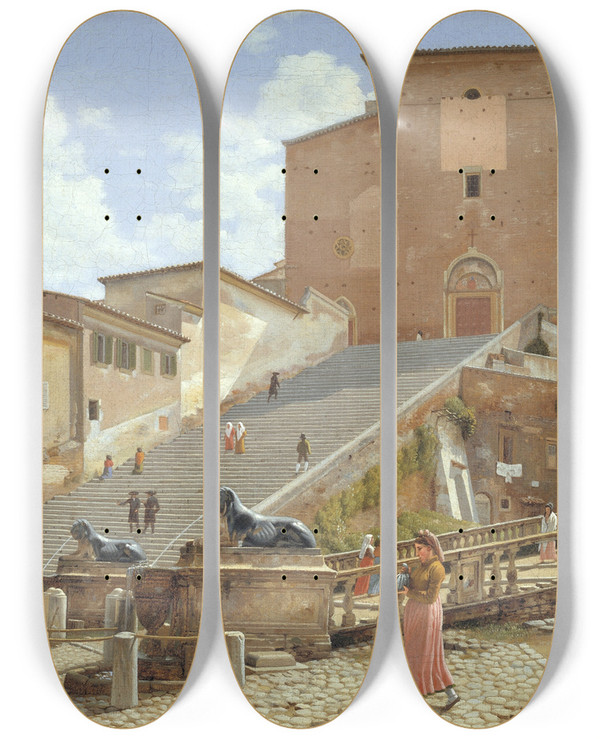 Triptych art skateboard deck of Christoffer Wilhelm Eckersberg The Marble Steps Leading Up To The Church Of Santa Maria In Aracoeli In Rome by Christoffer Wilhelm Eckersberg (1783-1853)