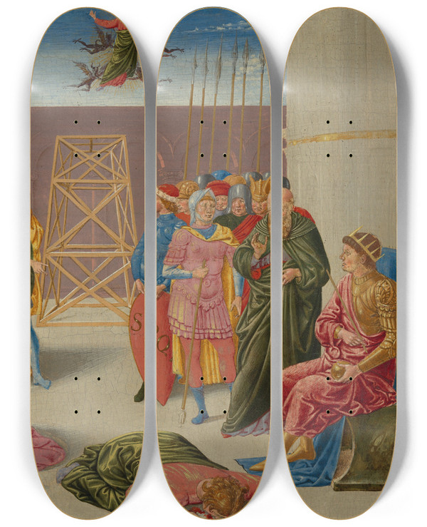Triptych art skateboard deck of Benozzo Gozzoli Saint Peter And Simon Magus by Benozzo Gozzoli (1421-1497)