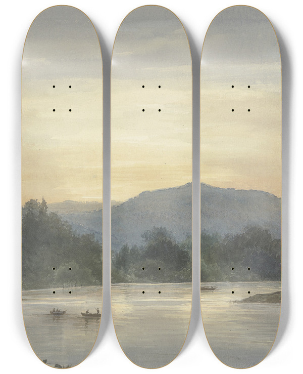 Triptych art skateboard deck of Friedrich Ernst Morgenstern The Main Near Kleinheubach by Friedrich Ernst Morgenstern (1853-1919)