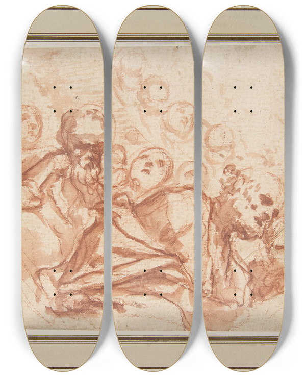 Triptych art skateboard deck of Mattia Preti A Group Of Saints And Angels by Mattia Preti (1613-1699)