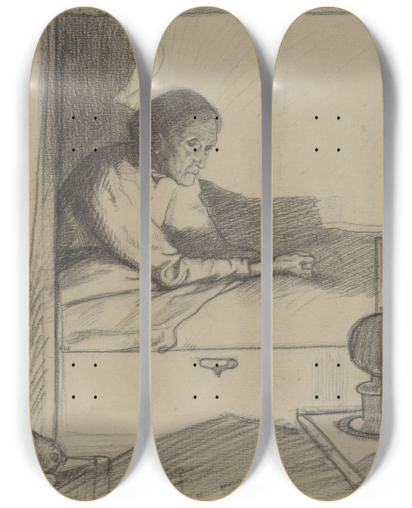Triptych art skateboard deck of Richard Nicolas Roland Holst Vrouw Hogerhuis Zittend In Bed Tweede Ontwerp by Richard Nicolaus Roland Holst (1868-1938)