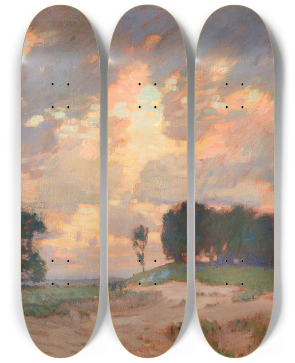 Triptych art skateboard deck of William Langson Lathrop The Bonfire by William Langson Lathrop (1859-1938)