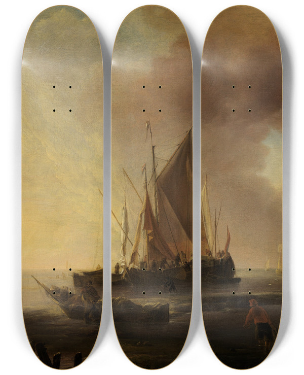 Triptych art skateboard deck of Jan Van De Cappelle Fischerboote Am Strand by Jan van de Cappelle (1626-1679)