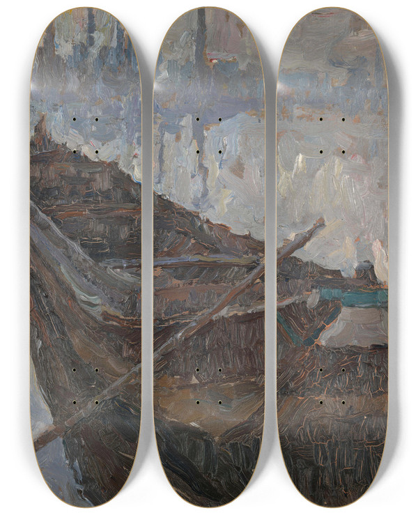 Triptych art skateboard deck of Albert Baertsoen Mud Barge by Albert Baertsoen (1866-1922)