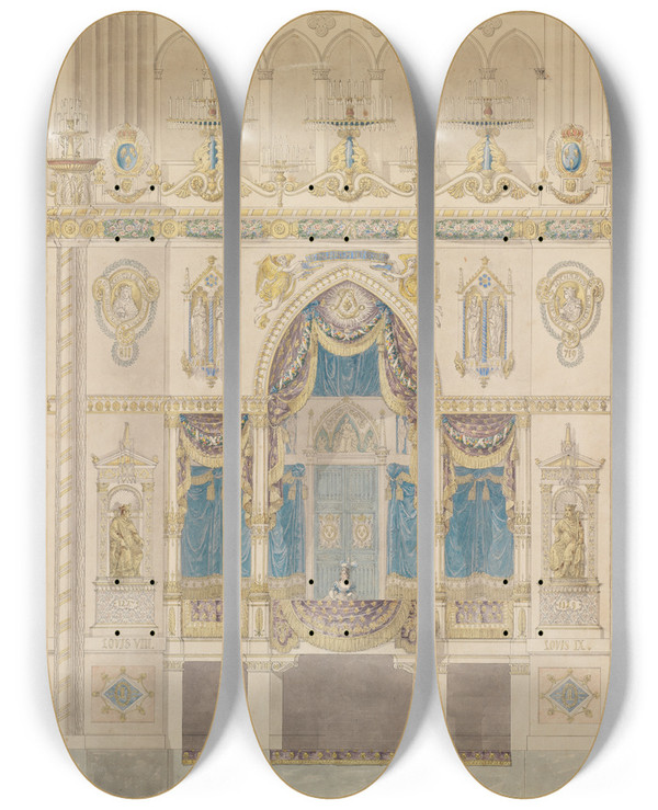 Triptych art skateboard deck of Charles Percier Elevation Of Reims Cathedral With The Royal Box For The Coronation Of Louis Xviii by Charles Percier (1764-1838)