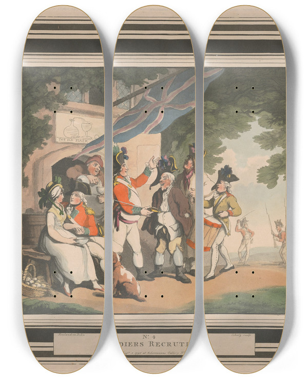 Triptych art skateboard deck of Thomas Rowlandson No 4 Soldiers Recruiting by Thomas Rowlandson (1756-1827)