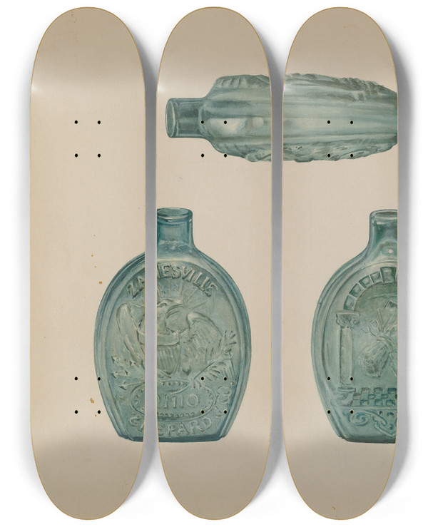 Triptych art skateboard deck of Henry Moran Flask by Henry Moran