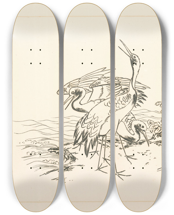 Triptych art skateboard deck of Flix Bracquemond Trois Grues Au Bord De La Mer by Felix Bracquemond (1833-1914)