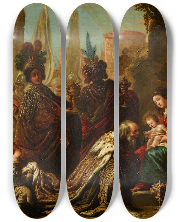 Triptych art skateboard deck of Claude Vignon Adoration Of The Magi by Claude Vignon (1593-1670)