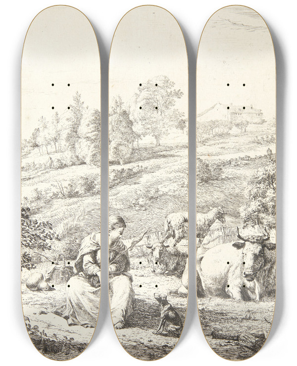 Triptych art skateboard deck of Karel Dujardin Hyrdinde Som Taler Med Sin Hund by Karel Dujardin (1622-1678)