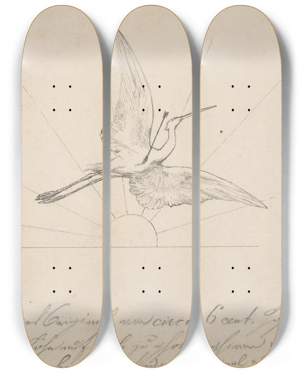 Triptych art skateboard deck of Max Klinger Wounded Crane With An Arrow In Its Breast Before Setting Sun by Max Klinger (1857-1920)
