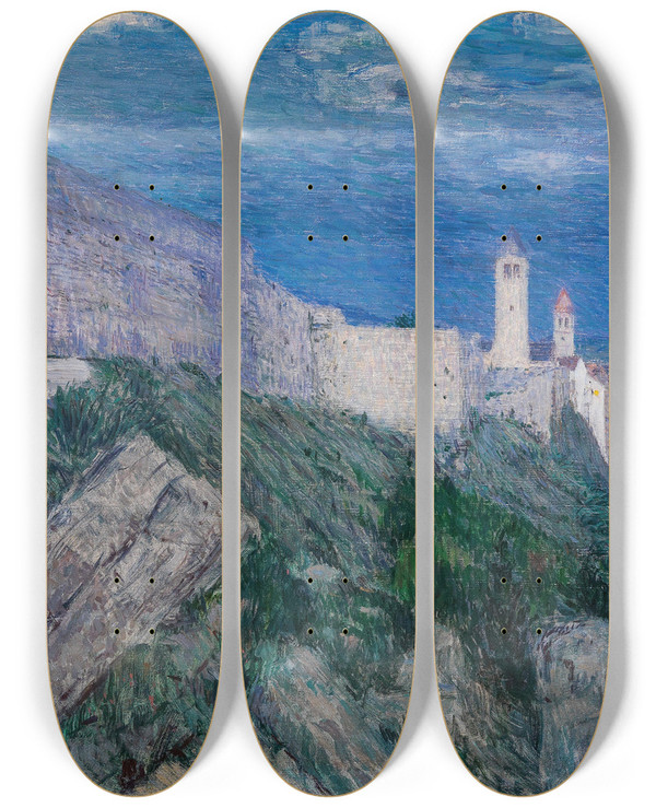 Triptych art skateboard deck of Max Kurzweil Arbe Rab by Max Kurzweil (1867-1916)