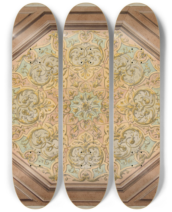 Triptych art skateboard deck of Julesedmondcharles Lachaise Design For The Decoration Of A Hexagonal Ceiling With Rinceaux by Jules-Edmond-Charles Lachaise (1897)